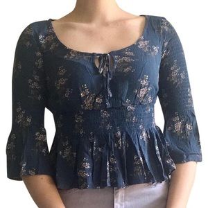 American Eagle Teal Smocked Floral Blouse